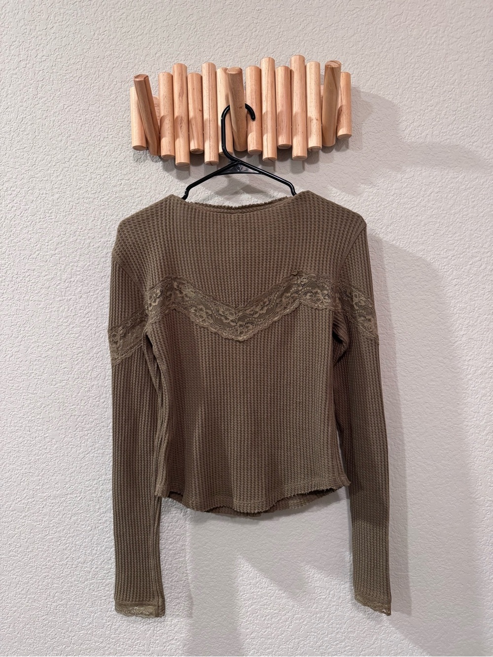 Free People Thermal Lace Button Top | Boho Waffle Knit Long Sleeve Cozy Chic Top - Picture 7 of 8